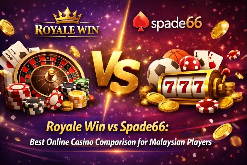 Royale Win vs Spade66 online casino comparison banner showing casino chips, roulette wheel, slot machine, and premium gaming elements for Malaysian players