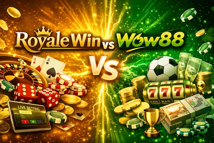 Royale Win vs Wow88 casino comparison banner in yellow and green design
