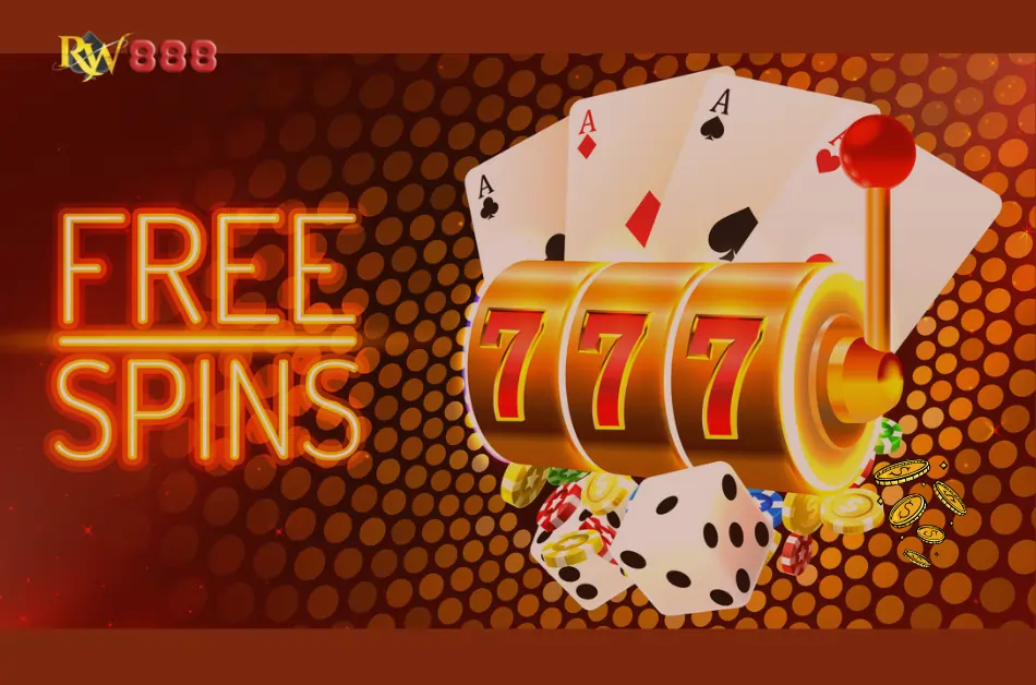 RoyaleWin888 Free Spins bonus banner showing slot reels, coins, and promotional rewards for online casino players.