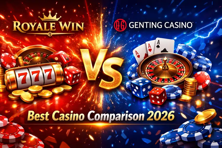 Banner for Royale Win vs Genting Casino online casino comparison showing casino chips, roulette wheel, slot machines, and premium gaming elements for Malaysian players