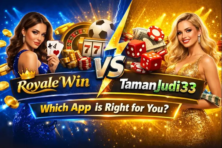 Royale Win vs TamanJudi33 casino comparison banner in yellow and blue design featuring online casino elements and women