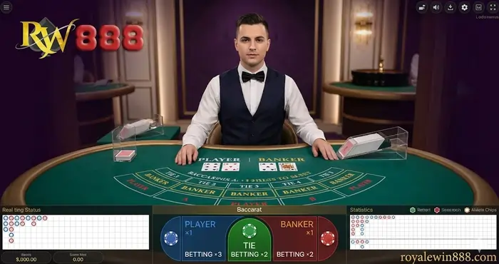 Live dealer Baccarat table at Royalewin888 Malaysia featuring a professional croupier and a high-definition real-time betting interface