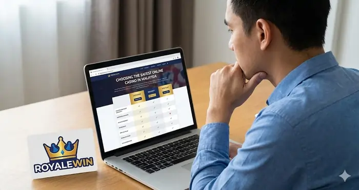 A man researching the safest online casino in Malaysia on his laptop with secure payment icons visible.