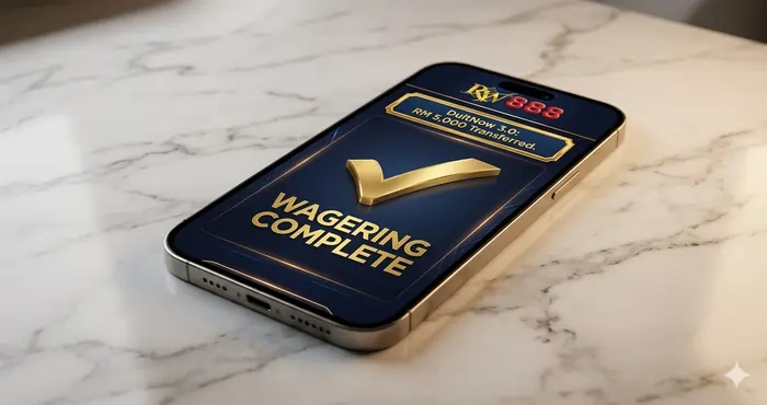 Fast wagering strategies Malaysia visual showing a 2026 smartphone dashboard with a confirmed DuitNow withdrawal notification for successfully cleared casino bonuses.