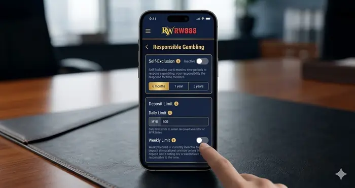 Close-up of a mobile interface showing a 'Self-Exclusion' and 'Deposit Limit' setting on an online casino Malaysia 2026 platform.