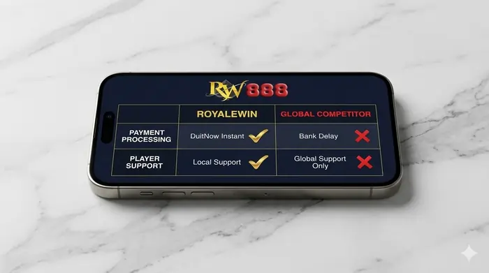 Royalewin Malaysia casino comparison dashboard on a mobile device showing side-by-side advantages in local payment processing and 2026 security protocols.
