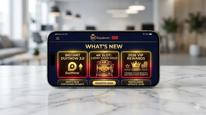 Royalewin Malaysia latest updates 2026 dashboard displayed on a titanium smartphone on a marble desk, showcasing glowing gold modules for DuitNow 3.0 and 4K slots.