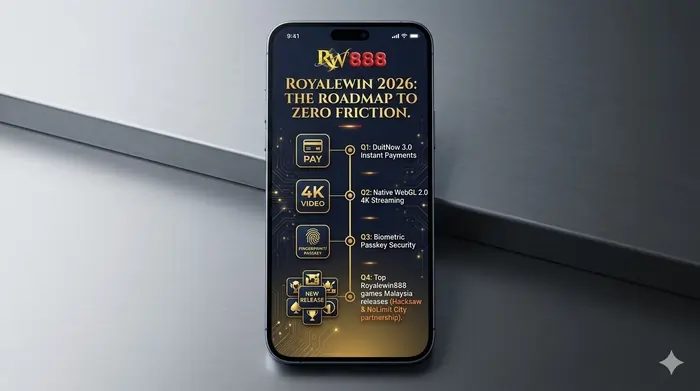 Royalewin Malaysia latest updates 2026 infographic roadmap, showing the vertical rollout of features like DuitNow 3.0, WebGL streaming, and biometric security across the year.