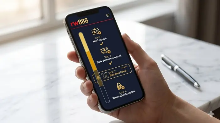 Royalewin Malaysia troubleshooting guide infographic showing a 4-step secure KYC verification flow for Malaysian identity card and bank statement uploads.