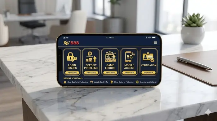 Royalewin Malaysia troubleshooting guide dashboard on a smartphone on a marble desk, displaying gold help categories for fixing login, deposit, and 5G game issues in 2026.