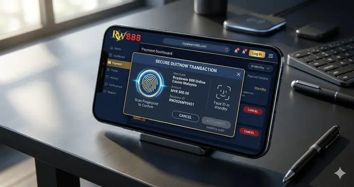 Digital smartphone screen showing a secure biometric fingerprint scan for a DuitNow transaction at an online casino Malaysia 2026 with the Royalewin 888 logo.