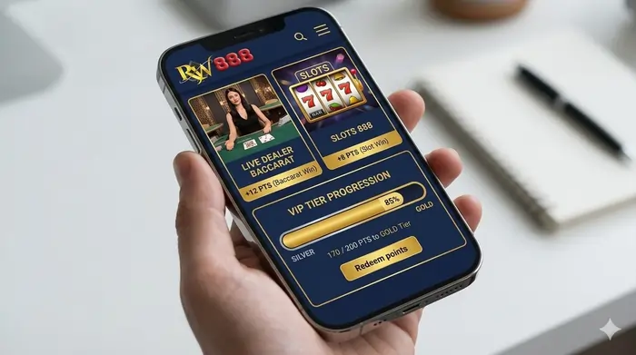 A close-up graphic or mobile interface showing a player earning points from live dealer games and slots, with a progress bar moving toward the next VIP level.