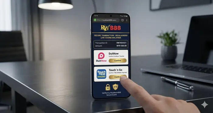 Secure transaction screen on a smartphone for Royalewin888 live casino Malaysia featuring DuitNow and Touch 'n Go payment icons with the rw888 logo.