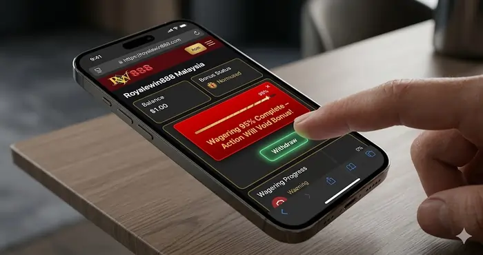 Digital warning graphic illustrating a common wagering mistakes Malaysia players make by attempting a premature withdrawal.