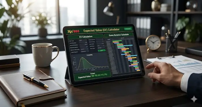 Advanced wagering strategies Malaysia dashboard on a digital tablet showing professional RTP and EV calculation tools.