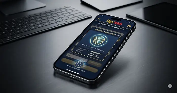 Secure digital transaction interface on a mobile phone highlighting biometric verification for an online casino Malaysia 2026 payment.