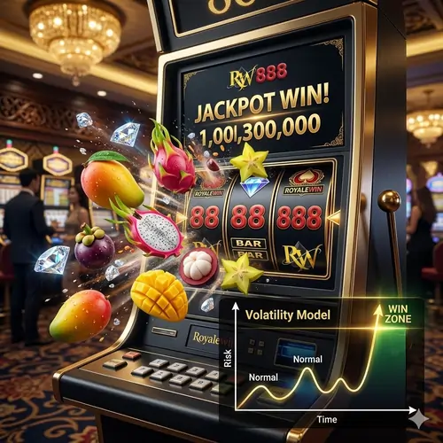 Energetic and vibrant digital art of a high volatility slot jackpot win featuring a colorful data analytics graph and sparkling gems for an advanced online casino Malaysia strategy guide.