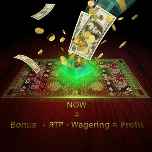 Vibrant 3D digital visualization of the bonus wagering mathematics formula showing glowing neon equations and golden coins in a premium casino setting.