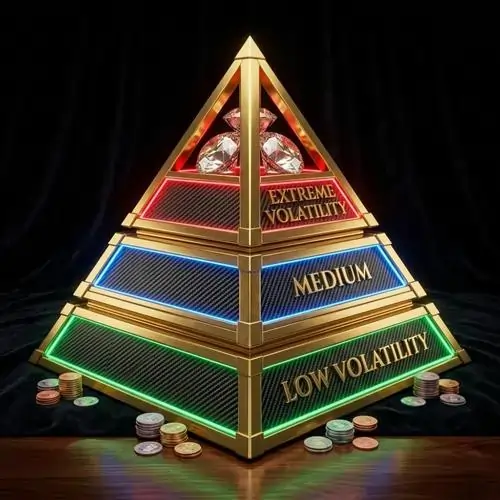 Vibrant 3D gold and black pyramid showing the game volatility tier list for Malaysia high rollers with neon-lit risk levels and sparkling gems.
