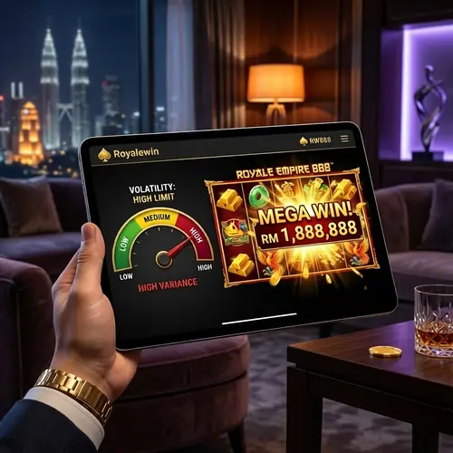 High-resolution cinematic slot screen featuring a high volatility gauge and a massive Ringgit jackpot for the Malaysia high rollers strategy guide.