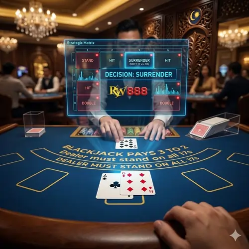 High-resolution cinematic shot of a holographic blackjack strategy matrix during a live session for professional live casino dealer edge exploitation.