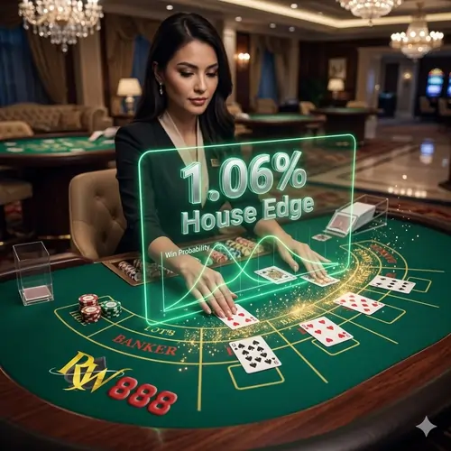 Vibrant 3D digital overlay of baccarat house edge percentages on a live dealer table for expert live casino dealer edge exploitation strategy.