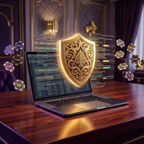 High-resolution cinematic digital shield and data matrix visualization for avoiding Multi‑Account Detection and Bonus Abuse Flags in Malaysia.