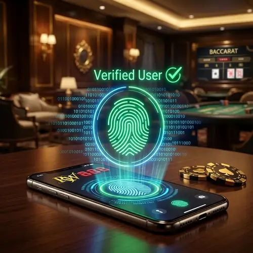 Vibrant 3D holographic fingerprint scan over a mobile casino interface representing secure Multi‑Account Detection and Bonus Abuse Flags protection.