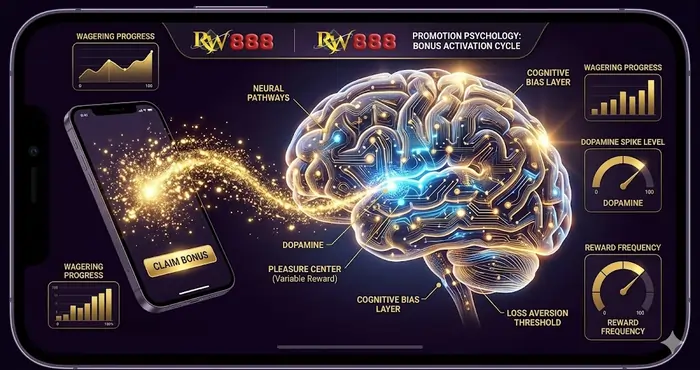 Vibrant digital illustration of the psychology behind casino promotions showing the human brain reacting to a mobile bonus offer.